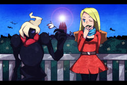 Rule 34 | 1girl, alice (pokemon), bad id, bad pixiv id, balcony, blonde hair, blue eyes, blue sky, breasts, cleavage, creatures (company), darkrai, day, dress, flower, game freak, gen 4 pokemon, leaf, legendary pokemon, lens flare, liht098hue, long hair, looking at another, looking away, mythical pokemon, nintendo, one eye closed, pokemon, pokemon: the rise of darkrai, pokemon (anime), pokemon (creature), pokemon dppt (anime), red dress, scarf, sky, small breasts, tree