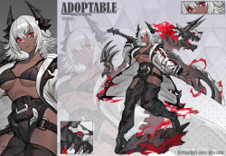 Rule 34 | 1girl, 2020, adoptable, allosauc, animal skull, arm belt, artist name, belt, belt buckle, bikini, black belt, black bikini, black footwear, black horns, black thighhighs, boots, breasts, buckle, character sheet, close-up, closed mouth, coat, collarbone, commentary, cowboy shot, dark-skinned female, dark skin, deviantart username, english commentary, english text, expressionless, eyelashes, fire, full body, gradient background, grey background, highres, holding, holding sword, holding weapon, horns, huge weapon, looking at viewer, medium breasts, medium hair, midriff, multiple belts, multiple views, open clothes, open coat, original, over shoulder, polka dot, polka dot background, projected inset, red belt, red eyes, shoe belt, simple background, swimsuit, sword, thigh belt, thigh strap, thighhighs, triangle background, underboob, weapon, weapon over shoulder, white belt, white coat, white hair