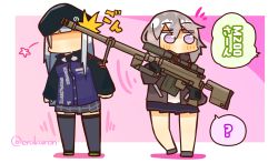 Rule 34 | 2girls, ?, anti-materiel rifle, beret, bipod, black gloves, black legwear, black skirt, blunt bangs, bolt action, border, brown jacket, cheytac m200, chibi, commentary request, full body, german flag, girls&#039; frontline, gloves, grey hair, gun, hat, highres, hitting, hk416 (girls&#039; frontline), holding, holding gun, holding weapon, jacket, lcron, long hair, looking to the side, m200 (girls&#039; frontline), military jacket, multiple girls, muzzle device, no eyes, open clothes, open jacket, pink background, plaid, plaid skirt, pleated skirt, pocket, purple eyes, rifle, scope, shirt, shoes, sidelocks, skirt, sniper rifle, speech bubble, thighhighs, twitter username, weapon, white border, white shirt, zettai ryouiki