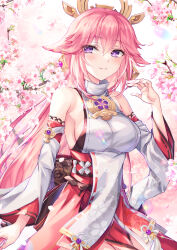 Rule 34 | 1girl, animal ears, bare shoulders, blush, breasts, cherry blossoms, commentary request, detached sleeves, floral print, flower, fox ears, fox girl, fukase ayaka, genshin impact, hair ornament, hand up, japanese clothes, large breasts, long hair, long sleeves, looking at viewer, miko, parted lips, pink hair, purple eyes, smile, yae miko