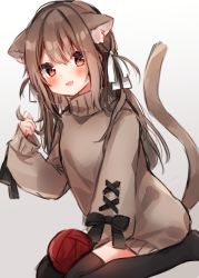 Rule 34 | 1girl, :d, animal ears, black bow, black thighhighs, blush, bow, brown hair, brown sweater, cat ears, cat girl, cat tail, gradient background, grey background, hair between eyes, hair bow, hand up, heripiro, highres, long hair, long sleeves, open mouth, original, puffy long sleeves, puffy sleeves, red eyes, seiza, sitting, sleeves past wrists, smile, solo, sweater, tail, tail raised, thighhighs, turtleneck, turtleneck sweater, very long hair, white background, white bow, yarn, yarn ball