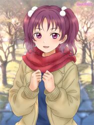 Rule 34 | 1girl, ayks0801, birthday, coat, kazuno leah, looking at viewer, love live!, love live! sunshine!!, open mouth, purple eyes, purple hair, short twintails, smile, solo, twintails