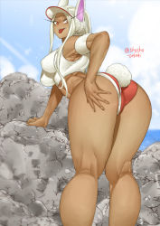 Rule 34 | 1girl, animal ears, arm support, ass, bikini, boku no hero academia, breasts, cameltoe, dark-skinned female, dark skin, from behind, highres, huge ass, large breasts, long hair, looking at viewer, looking back, mirko, muscular, muscular female, ocean, rabbit ears, rabbit girl, red eyes, shosho oekaki, solo, standing, swimsuit, tail, thighs, tongue, tongue out, visor cap, white hair, wide hips