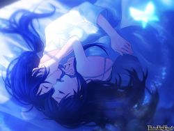Rule 34 | aino yumeri, bed, black hair, blurry, blurry background, bug, butterfly, copyright name, hand on another&#039;s cheek, hand on another&#039;s face, indoors, bug, long hair, lying, official art, on side, open mouth, pajamas, pandora party project