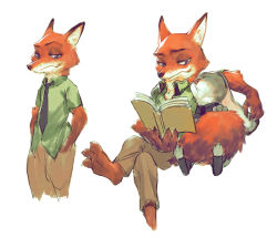 Rule 34 | 1boy, 1girl, animal, black neckwear, book, brown pants, closed mouth, collar, collared shirt, closed eyes, fox, green shirt, hand in pocket, hangleing, holding, holding book, judy hopps, crossed legs, looking at another, looking at viewer, multiple persona, necktie, nick wilde, pants, reading, shirt, simple background, sitting, sleeping, standing, white background, zootopia