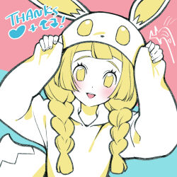Rule 34 | 1girl, :d, alternate costume, arms up, blonde hair, blush, braid, cosplay, creatures (company), eevee, eevee (cosplay), eevee ears, eevee tail, eyelashes, game freak, gen 1 pokemon, happy, highres, kinocopro, lillie (pokemon), limited palette, long hair, long sleeves, looking at viewer, milestone celebration, nintendo, no pupils, onesie, open mouth, pokemon, pokemon sm, sleeves past wrists, smile, solo, teeth, thank you, twin braids, upper body, upper teeth only, yellow eyes