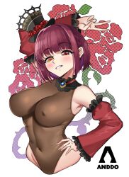 Rule 34 | 1girl, absurdres, arm behind head, blush, bob cut, breasts, covered erect nipples, detached collar, detached sleeves, grin, hand on own hip, hat, heterochromia, highres, hololive, houshou marine, houshou marine (gothic lolita), i am anddo, large breasts, leotard, navel, official alternate costume, orange eyes, purple hair, red eyes, see-through, short hair, simple background, smile, solo, top hat, variant set, virtual youtuber, white background