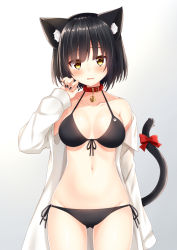 Rule 34 | 1girl, animal ear fluff, animal ears, bare shoulders, bell, bikini, black bikini, black hair, black nails, bow, breasts, cat ears, cat girl, cat tail, cleavage, collar, collarbone, cowboy shot, front-tie bikini top, front-tie top, gluteal fold, gradient background, groin, halterneck, hand up, jingle bell, komori kuzuyu, long sleeves, looking at viewer, medium breasts, nail polish, navel, off shoulder, open clothes, open shirt, original, parted lips, paw print, red bow, shirt, short hair, side-tie bikini bottom, skindentation, solo, standing, stomach, swimsuit, tail, tail bow, tail ornament, tail raised, thighs, white shirt, yellow eyes