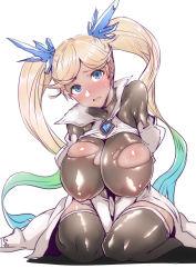 Rule 34 | 1girl, absurdres, aged up, alternate breast size, black thighhighs, blonde hair, blue eyes, blush, breasts, covered erect nipples, dark-skinned female, dark skin, gggg, gloves, granblue fantasy, highres, io (granblue fantasy), large breasts, long hair, looking at viewer, open mouth, seiza, sitting, skindentation, solo, sweat, thighhighs, torn clothes, twintails, very long hair