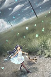Rule 34 | 10s, 1girl, 2015, ayaki, blue hair, bug, butterfly, cloud, cloudy sky, dog, dress, grass, highres, insect, landscape, long hair, original, pantyhose, see-through, sky, smile, solo, sundress, twintails, water