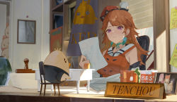 Rule 34 | 1girl, absurdres, bird, blush, breasts, chair, chick, closed mouth, desk, earrings, highres, holding, hololive, hololive english, indoors, jewelry, jia ma, long hair, looking at object, medium breasts, orange hair, photo (object), purple eyes, sitting, solo, stamp, takanashi kiara, virtual youtuber, window
