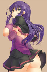 Rule 34 | 1girl, ass, breasts, elbow gloves, gloves, itou ryuusei, large breasts, long hair, looking at viewer, looking down, malariya, nipples, no panties, pink background, purple eyes, purple hair, quiz magic academy, simple background, skirt, solo, thighs