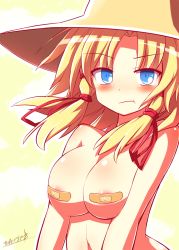 Rule 34 | 1girl, :t, alternate breast size, areola slip, bad id, bad pixiv id, bandaid, bandaids on nipples, blonde hair, blue eyes, blush, body blush, breasts squeezed together, breasts, hat, kisaragi zwei, large breasts, looking at viewer, md5 mismatch, moriya suwako, nude, pasties, pout, short hair, signature, solo, touhou, upper body, yellow background