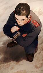 Rule 34 | 1boy, absurdres, black jacket, black pants, brown background, brown eyes, brown footwear, brown hair, chengongzi123, closed mouth, crossed arms, facial hair, foreshortening, from above, full body, goatee, golden kamuy, highres, jacket, looking at viewer, male focus, military uniform, pants, shoes, short hair, squatting, tsukishima hajime, uniform, very short hair