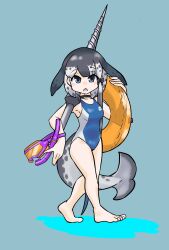 Rule 34 | 1girl, alternate costume, bare arms, bare legs, bare shoulders, barefoot, black bow, black choker, blue eyes, blue one-piece swimsuit, blush, bow, cetacean tail, choker, collarbone, competition swimsuit, fins, fish tail, gravi pig4891, grey hair, grey one-piece swimsuit, hair bow, head fins, highres, innertube, japari symbol, kemono friends, looking at viewer, multicolored hair, narwhal (kemono friends), one-piece swimsuit, polearm, short hair, short hair with long locks, snorkel mask, solo, spear, swim ring, swimsuit, tail, two-tone hair, two-tone one-piece swimsuit, weapon, whale girl