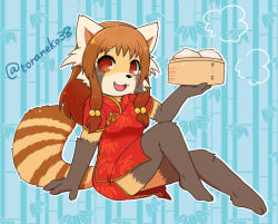 Rule 34 | 1girl, brown eyes, chinese clothes, dress, female focus, full body, furry, furry female, open mouth, red eyes, red panda, solo, toraneko (38)