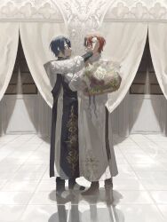 Rule 34 | 2boys, alcryst (fire emblem), alear (fire emblem), alear (male) (fire emblem), alternate costume, black footwear, black pants, blue hair, blue robe, bouquet, closed mouth, curtains, eye contact, fire emblem, fire emblem engage, flower, from side, full body, hair between eyes, hair flower, hair ornament, hairclip, highres, holding, holding bouquet, holding flower, indoors, long sleeves, looking at another, male focus, multicolored hair, multiple boys, nintendo, pants, pink flower, profile, purple flower, putting on headwear, ramuniku ooo, red eyes, red hair, robe, rose, shadow, shoes, short hair, smile, standing, tile floor, tiles, two-tone hair, white flower, white robe, white rose, window, yaoi
