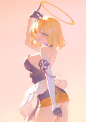 Rule 34 | 1girl, absurdres, blonde hair, blue eyes, breasts, cosplay, deme (karesuki), detached sleeves, dress, feathered wings, gloves, grin, halo, highres, hololive, hololive english, large breasts, low wings, ninomae ina&#039;nis, ninomae ina&#039;nis (cosplay), short hair, simple background, single detached sleeve, smile, solo, virtual youtuber, watson amelia, wings