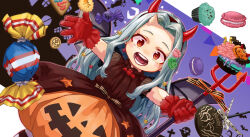 Rule 34 | 1girl, all might, black dress, black hairband, boku no hero academia, candy, cupcake, demon horns, dessert, dress, eraser head (boku no hero academia), eri (boku no hero academia), fake horns, food, foodification, gloves, grey hair, hair ornament, hairband, halloween, highres, holding, holding pitchfork, horns, jack-o&#039;-lantern print, long hair, looking at viewer, macaron, open mouth, orange dress, outstretched arms, pastry, pitchfork, red eyes, red gloves, single horn, solo, star (symbol), star hair ornament, two-tone dress, yomoyama yotabanashi