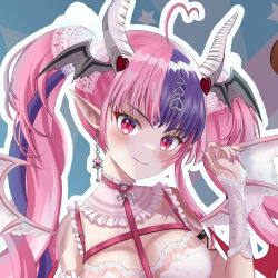 Rule 34 | 1girl, ahoge, belt, breasts, chest belt, cleavage, collar, demon girl, demon horns, demon wings, dress, earrings, frilled collar, frills, hair ornament, head wings, heart, heart ahoge, heart hair ornament, horns, ironmouse, ironmouse (demon form), jewelry, large breasts, lian0318, long hair, looking at viewer, multicolored hair, pink eyes, pink hair, pointy ears, purple hair, single earring, streaked hair, twintails, virtual youtuber, vshojo, white collar, white dress, wings