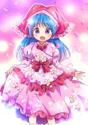 Rule 34 | 1girl, :d, alternate costume, arms up, blue hair, bow, cherry blossom print, commentary, cropped legs, daisy, dress, dress flower, floral print, flower, gradient background, haniyasushin keiki, highres, hood, jewelry, juliet sleeves, layered dress, long hair, long sleeves, looking at viewer, magatama, magatama necklace, necklace, open mouth, petals, petticoat, pink background, pink dress, pink headwear, pote (ptkan), puffy sleeves, purple eyes, red bow, sash, skirt hold, smile, solo, spring (season), standing, touhou, very long hair