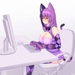 Rule 34 | 1girl, :3, animal ear fluff, animal ears, animal hands, argyle, artist name, bare shoulders, black hair, blush, breasts, cat ears, cat girl, cat tail, chair, cheshire cat (monster girl encyclopedia), cleavage cutout, clothing cutout, commentary, hair between eyes, highres, keyboard (computer), large breasts, monitor, monster girl, monster girl encyclopedia, mouse (computer), multicolored hair, office chair, orange eyes, purple hair, sitting, smile, solo, striped tail, swivel chair, tail, two-tone hair, wlper
