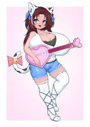 Rule 34 | 1girl, absurdres, animal print, bell, blue bow, blue shorts, blush, bow, bow legwear, breasts, brown hair, cat girl, cleavage, cleavage cutout, clothing cutout, commission, commissioner upload, cow print, dark skin, fang, feet, full body, gladiator sandals, guitar, hair bow, hair ornament, halterneck, headset, heart, highres, instrument, large breasts, long hair, looking at viewer, naomi minette, open mouth, original, ribbon legwear, sandals, shiny skin, shirt, shorts, smile, solo, standing, tail, tail bell, tail bow, tail ornament, tailzkim, taut clothes, thick thighs, thigh squish, thighhighs, thighs, two side up, white shirt, white thighhighs, zettai ryouiki