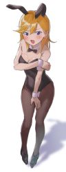 Rule 34 | 1girl, animal ears, bare arms, black bow, black bowtie, black footwear, black leotard, black pantyhose, blonde hair, blush, bow, bowtie, breasts, cleavage, covering privates, covering one breast, detached collar, embarrassed, fake animal ears, fishnet pantyhose, fishnets, full body, high heels, highres, leotard, long hair, looking at viewer, love live!, love live! superstar!!, maritani (etetacunk), medium breasts, pantyhose, playboy bunny, pumps, purple eyes, rabbit ears, shibuya kanon, simple background, solo, standing, strapless, strapless leotard, tears, white background, wing collar, wrist cuffs