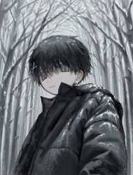 Rule 34 | 1boy, :3, bare tree, black hair, black jacket, closed mouth, ear piercing, forest, giv 81, grey eyes, hair between eyes, hair ornament, hairclip, highres, jacket, long sleeves, looking at viewer, male focus, nature, open clothes, open jacket, original, outdoors, piercing, snow, solo, tree, upper body