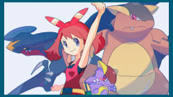 Rule 34 | 1girl, absurdres, arm up, armpits, bare arms, border, bow hairband, brown hair, clenched hands, closed mouth, commentary, creatures (company), eyelashes, fanny pack, film grain, game freak, garchomp, gen 1 pokemon, gen 4 pokemon, grey eyes, hairband, highres, kangaskhan, looking at viewer, may (pokemon), nintendo, pokemon, pokemon (creature), pokemon oras, saiku (zvlku), simple background, sleeveless, smile, upper body, white background