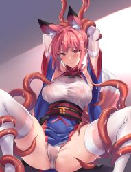 Rule 34 | 1girl, animal ear fluff, animal ears, bare shoulders, covered erect nipples, detached sleeves, elbow gloves, fox ears, fox girl, fox tail, gloves, highres, japanese clothes, looking at viewer, original, panties, pelvic curtain, pink hair, red eyes, red scarf, restrained, sawaya (mizukazu), scarf, see-through, tail, tentacles, thighhighs, underwear, white gloves, white panties, white thighhighs, wide sleeves