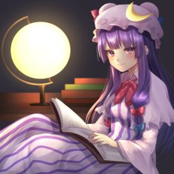 Rule 34 | 1girl, bad id, bad pixiv id, blunt bangs, blush, book, breasts, capelet, crescent, desk, desk lamp, dress, eyelashes, hat, hat ornament, highres, holding, holding book, lamp, light smile, long dress, long hair, looking at viewer, medium breasts, mob cap, patchouli knowledge, purple eyes, purple hair, simple background, sitting, solo, striped clothes, striped dress, touhou, yayoi maka