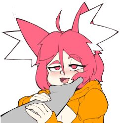 Rule 34 | 1girl, :3, animal ear fluff, animal ears, blush, bob cut, cat ears, cat girl, disembodied hand, female focus, fir3born, flat chest, flat color, hair between eyes, half-closed eyes, hands on another&#039;s arm, hands up, happy, hooded shrug, long sleeves, matching hair/eyes, no shirt, nose blush, open mouth, original, pink eyes, pink hair, pov, raised eyebrow, short hair, shrug (clothing), sidelocks, simple background, sketch, smile, solo focus, strangling, thonk (fir3born), upper body, white background