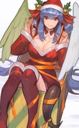 Rule 34 | 1girl, angel wings, arc system works, bell, blue hair, breasts, christmas, cleavage, dizzy (guilty gear), gift, guilty gear, hair bell, hair ornament, hat, highres, long hair, red eyes, red thighhighs, santa hat, shiny skin, sitting, skirt, smile, solo, thighhighs, uncle rabbit ii, wings