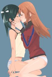 Rule 34 | 2girls, blue background, blush, breasts, charlotte e. yeager, closed eyes, francesca lucchini, french kiss, from side, green hair, hair ribbon, highres, holding another&#039;s head, kiss, large breasts, long hair, multiple girls, orange hair, panties, remoso, ribbon, saliva, simple background, small breasts, striped clothes, striped panties, tongue, tongue out, track suit, twintails, underwear, white panties, world witches series, yuri