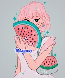 Rule 34 | 1girl, aqua nails, artist name, bag, black eyes, covering face, earrings, food, freckles, frills, fruit, grey background, hand fan, highres, holding, holding fan, jewelry, looking at viewer, meyoco, nail polish, original, parted lips, pink hair, short hair, shoulder bag, simple background, sleeveless, solo, sparkle, transparent, upper body, watermelon
