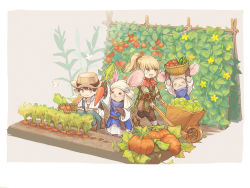 Rule 34 | 1boy, 1girl, 2others, :3, :d, ^ ^, ambiguous gender, animal ears, arms up, warrior of light (ff14), basket, blonde hair, blue eyes, blue pants, brown background, brown eyes, brown gloves, brown hair, brown pants, bug, butterfly, carrot, carrying overhead, closed eyes, collared shirt, final fantasy, final fantasy xiv, flower, food, furry, gloves, hands on own knees, harvest, hat, holding, holding carrot, insect, lalafell, looking at another, loporrit, multiple others, omori hakumai, open mouth, outdoors, pants, plant, ponytail, pouch, pumpkin, rabbit ears, shirt, short hair, smile, soil, squatting, turban, vegetable, wheelbarrow, whiskers, white shirt, yellow flower