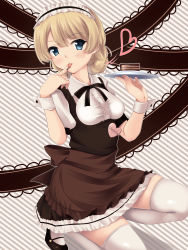 Rule 34 | 10s, 1girl, :p, absurdres, alternate costume, apron, bad id, bad pixiv id, blonde hair, blue eyes, blush, bow, bowtie, braid, brown dress, cake, character name, chocolate, darjeeling (girls und panzer), dress, english text, food, girls und panzer, heart, highres, holding, kneeling, layer cake, licking, looking at viewer, maid headdress, mary janes, name tag, nksk, ribbon, shirt, shoes, short hair, solo, striped, striped background, thighhighs, tongue, tongue out, tray, waitress, white shirt, white thighhighs, wrist cuffs