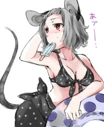 Rule 34 | 1girl, akagashi hagane, animal ears, bad id, bad pixiv id, bikini, black bikini, breasts, cleavage, female focus, food, grey hair, innertube, medium breasts, mouse ears, mouse tail, mouth hold, nazrin, popsicle, red eyes, short hair, simple background, solo, swim ring, swimsuit, tail, touhou, white background