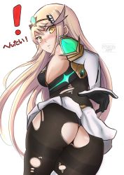Rule 34 | 1girl, ahoge, ass, bare shoulders, blonde hair, blush, breasts, chascoby, detached sleeves, elbow gloves, embarrassed, forehead protector, from behind, from below, gloves, highres, long hair, looking at viewer, medium breasts, miniskirt, mythra (massive melee) (xenoblade), mythra (xenoblade), pantyhose, shiny clothes, shiny skin, sideboob, skindentation, skirt, solo, thigh strap, torn clothes, torn pantyhose, very long hair, xenoblade chronicles (series), xenoblade chronicles 2, yellow eyes
