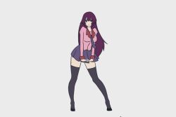 Rule 34 | 1girl, :d, animated, animated gif, arms up, bakemonogatari, black necktie, blazer, blouse, bouncing breasts, breasts, contrapposto, dancing, full body, grey background, jacket, kuso otoko, large breasts, legs apart, long hair, long sleeves, looping animation, me!me!me!, me!me!me! dance (meme), meme, monogatari (series), necktie, open mouth, parody, pink jacket, pink shirt, pleated skirt, pointing, pointing at self, purple hair, purple skirt, senjougahara hitagi, shirt, simple background, skirt, smile, solo, standing, thighhighs, v arms, very long hair, zettai ryouiki