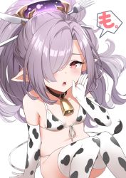 Rule 34 | 1girl, animal print, bare shoulders, bell, bikini, breasts, brown collar, collar, cow print, cow print bikini, cow tail, elbow gloves, fake tail, fork, front-tie bikini top, front-tie top, gloves, granblue fantasy, hair ornament, hair over one eye, harvin, highres, iwao (pixiv258710), knife, long hair, looking at viewer, neck bell, niyon (granblue fantasy), pointy ears, ponytail, print bikini, purple hair, red eyes, simple background, sitting, small breasts, solo, string bikini, swimsuit, tail, thighhighs, white background, white bikini, white gloves, white thighhighs