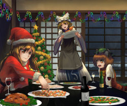 Rule 34 | + +, 3girls, alternate costume, animal ears, apron, ascot, berabou, blonde hair, blouse, bottle, bow, box, brown eyes, brown hair, cat ears, chen, chicken (food), christmas, christmas ornaments, christmas tree, cup, dress, drinking glass, fang, fangs, food, fried chicken, fur trim, gift, gift box, hat, highres, indoors, long hair, long sleeves, meat, mob cap, multiple girls, night, night sky, open mouth, plate, pom pom (clothes), red dress, reflection, reindeer, salad, sandwich, santa claus, santa costume, santa hat, shirt, short hair, sitting, sky, sleigh, slit pupils, smile, sparkling eyes, standing, star (sky), star (symbol), starry sky, tabard, table, touhou, vest, white dress, white shirt, wide sleeves, window, wine bottle, wine glass, yakumo ran, yakumo yukari, yellow eyes