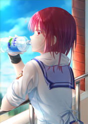 Rule 34 | 1girl, absurdres, angel beats!, blue sailor collar, blue sky, blurry, blurry background, bottle, day, from behind, highres, holding, holding bottle, huge filesize, iwasawa masami, looking at viewer, outdoors, profile, red eyes, red hair, ribbon, sailor collar, school uniform, shinda sekai sensen uniform, shirt, short hair, sky, sleeves rolled up, solo, towel, towel around neck, upper body, volvic, water bottle, white ribbon, white shirt, wristband, zuzuhashi