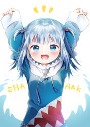 Rule 34 | 1girl, :d, animal costume, arms up, blue eyes, blue hair, blush, commentary, english text, gawr gura, gawr gura (1st costume), hair ornament, highres, hololive, hololive english, long hair, looking at viewer, notice lines, open mouth, shark costume, shark hair ornament, sharp teeth, shiramori sawa, sleeves past wrists, smile, solo, teeth, two side up, v-shaped eyebrows, virtual youtuber, waves, white background