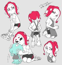 Rule 34 | 1girl, :t, apron, bad id, bad pixiv id, bike shorts, cheek press, closed eyes, closed mouth, full body, grey background, jellyfish (splatoon), long hair, name tag, nintendo, octoling, octoling girl, octoling player character, oimo (oimkimn), shirt, short sleeves, sitting, splatoon (series), splatoon 2, spot color, suction cups, t-shirt, tentacle hair, translation request, v-shaped eyebrows, wariza