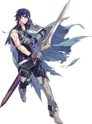 Rule 34 | 1boy, armor, blue eyes, blue hair, cape, chrom (fire emblem), ebira, falchion (fire emblem), fire emblem, fire emblem awakening, fire emblem heroes, full body, gloves, highres, male focus, nintendo, official art, open mouth, short hair, solo, sword, torn clothes, transparent background, weapon
