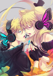 Rule 34 | 1boy, 1girl, aqua nails, asumat, black gloves, black jacket, blonde hair, blue eyes, blush, breasts, butterfly hair ornament, butterfly wings, crossover, dual persona, eye contact, face-to-face, facial mark, facing another, fingerless gloves, floating hair, genderswap, genderswap (mtf), gloves, hair between eyes, hair ornament, half-closed eyes, hand on hand, hand to hand, hand up, hat, headphones, headset, hetero, imminent kiss, insect wings, jacket, jewelry, long hair, long sleeves, looking at another, magnet (vocaloid), medium breasts, midriff, multicolored clothes, multicolored jacket, nail polish, naruko (naruto), naruto, naruto (series), necklace, off shoulder, open mouth, orange jacket, orange skirt, pendant, pink eyes, red eyes, selfcest, short hair, skirt, spiked hair, teeth, tongue, twintails, upper body, uzumaki naruto, vocaloid, whisker markings, whiskers, wings
