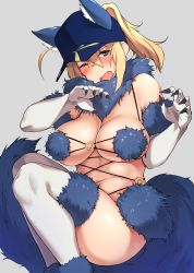 Rule 34 | 1girl, animal ears, artoria pendragon (fate), baseball cap, blonde hair, blue eyes, blue hat, blush, breasts, cosplay, fang, fate/grand order, fate (series), fur trim, grey background, hat, highres, kuronyan, large breasts, looking at viewer, mash kyrielight, mash kyrielight (dangerous beast), mash kyrielight (dangerous beast) (cosplay), medium hair, mysterious heroine x (fate), mysterious heroine xx (fate), official alternate costume, open mouth, ponytail, sidelocks, simple background, solo, tail, white legwear, wolf ears, wolf paws, wolf tail