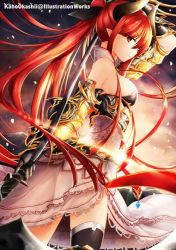 Rule 34 | 1girl, horns, kaho okashii, long hair, original, pointy ears, red eyes, red hair, solo, sword, thighhighs, weapon